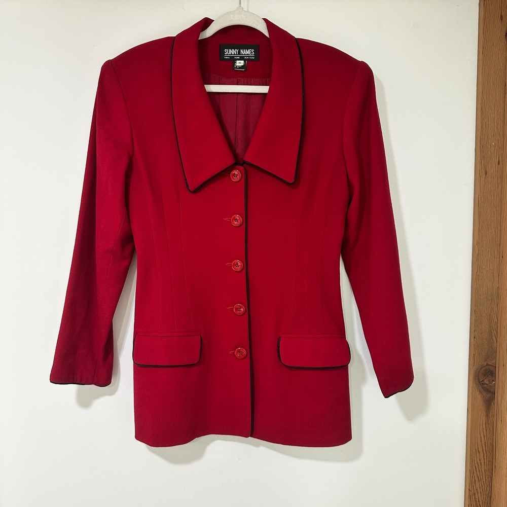 Sunny Names Vintage Red Wool Blazer Jacket Women Size 10 Black Piping Trim 90s